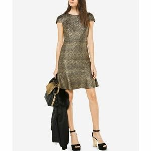 NWT MICHAEL KORS Gold Foil Knit Flounce Dress